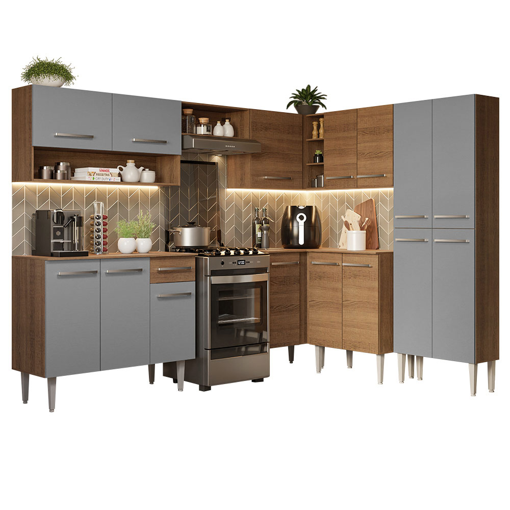 Cocina Integral de Esquina Emilly 4.20 m Marrón/Gris/Marrón 02