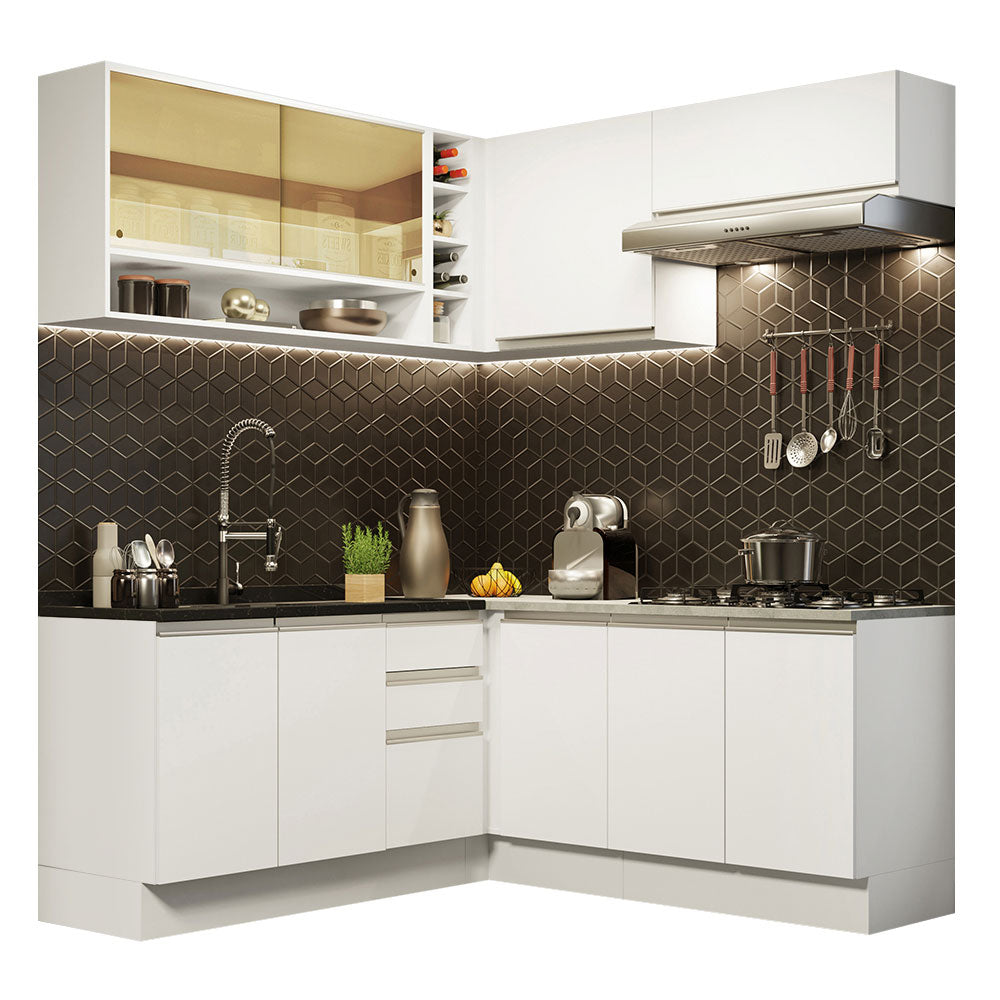 Cocina Integral de Esquina Glamy 3.50 m con Mesón de Acero Blanco 02