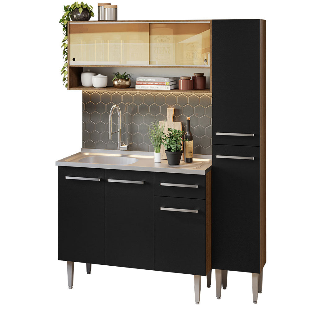 Cocina Integral Emilly 137 cm con Mesón de Acero 10 Marrón/Negro Madesa