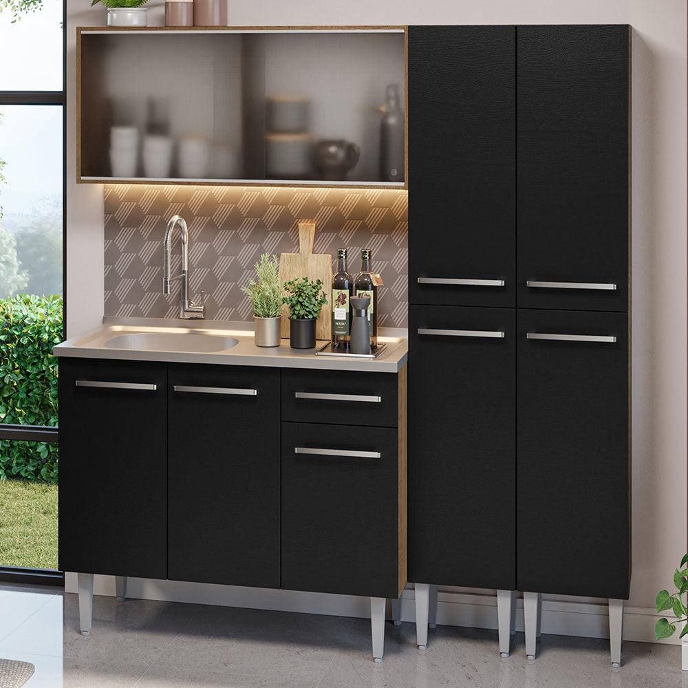 Cocina Integral Emilly 169 cm con Mesón de Acero 11 Marrón/Negro Madesa