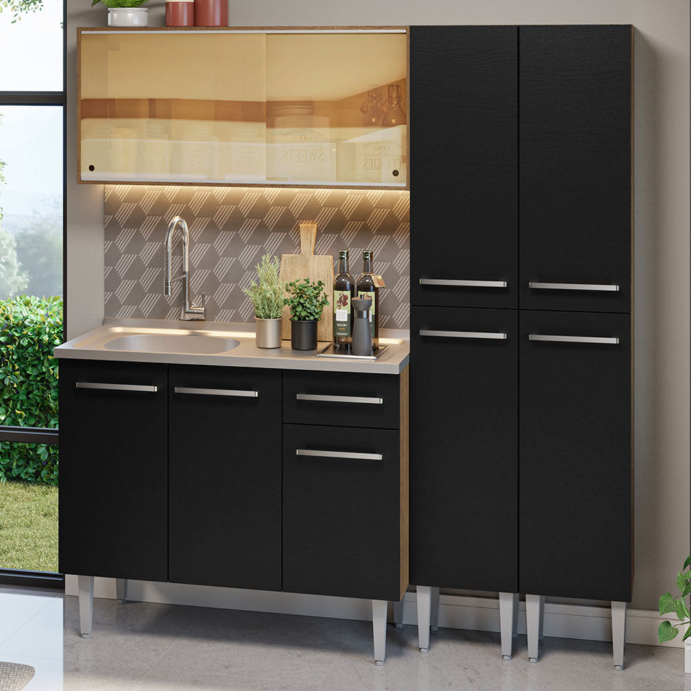 Cocina Integral Emilly 169 cm con Mesón de Acero 12 Marrón/Negro Madesa