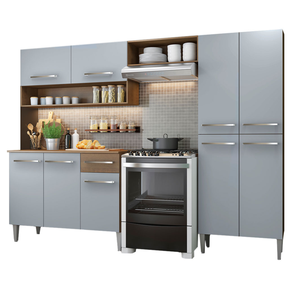 Cocina Integral Emilly Pop 2.30 Metros con Mesón MDP Marrón/Gris