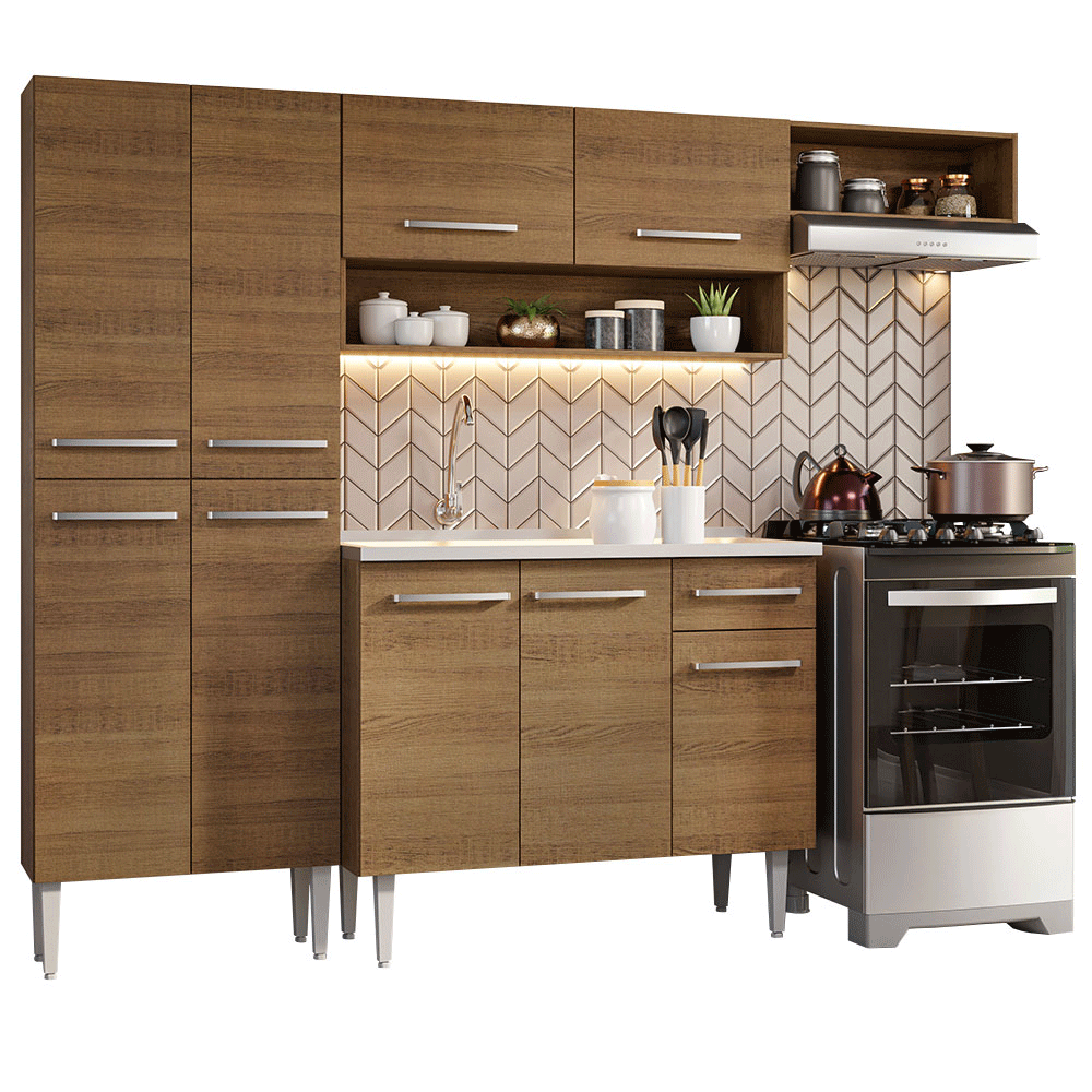 Cocina Integral Emilly 229 cm con Mesón de Acero 12 Marrón Madesa