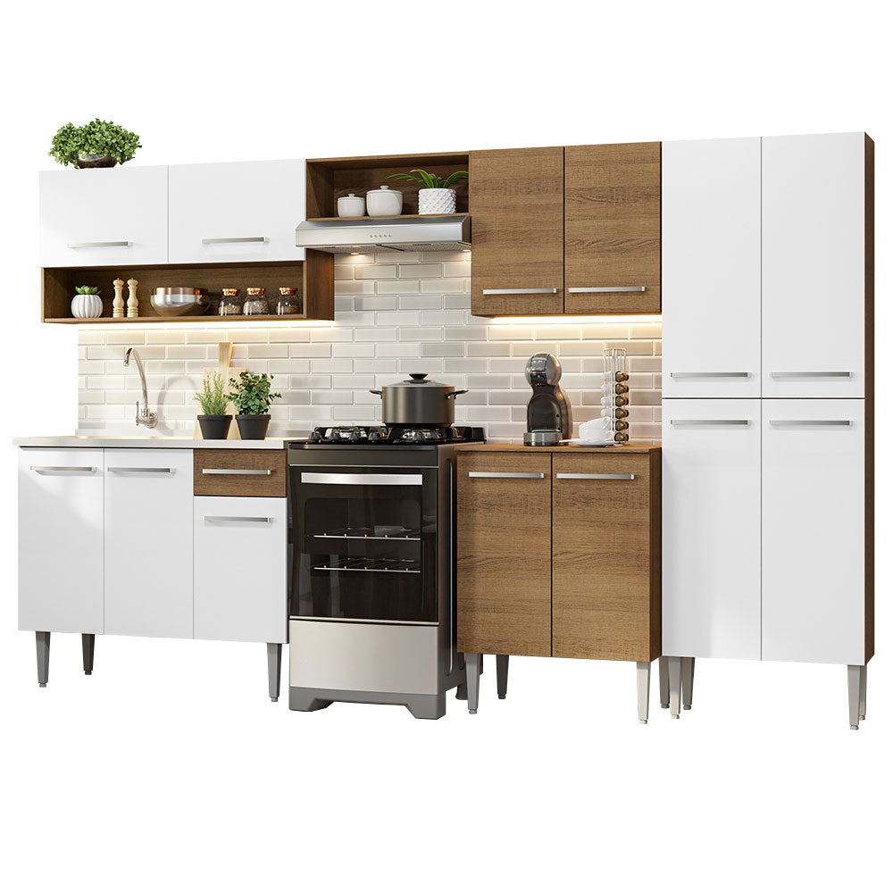 Cocina Integral Emilly 293 cm con Mesón de Acero 09 Marrón/Blanco Madesa