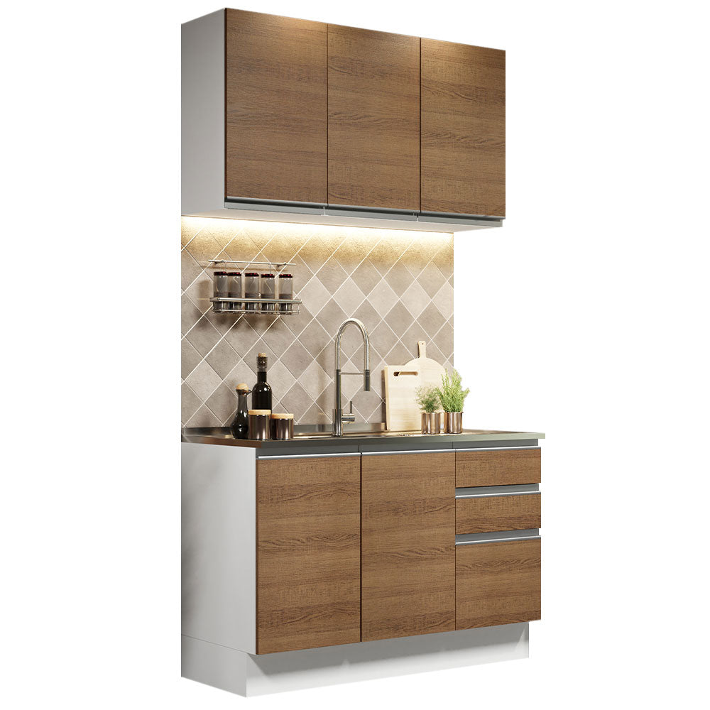Cocina Integral Glamy 1.20 m con Mesón de Acero Blanco/Marrón 01