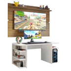 Escritorio Gamer 136 cm Moderno + Panel para TV Hasta 65 Pulgadas Blanco/Marrón Madesa