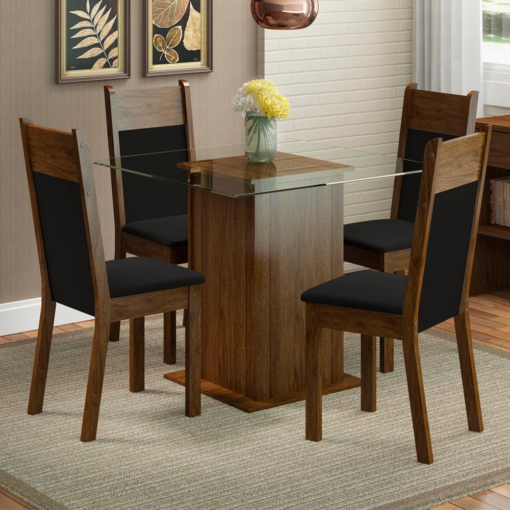 Juego de Comedor Dallas con 4 Sillas Encimera Cuadrada de Cristal Marrón/Negro Sintético