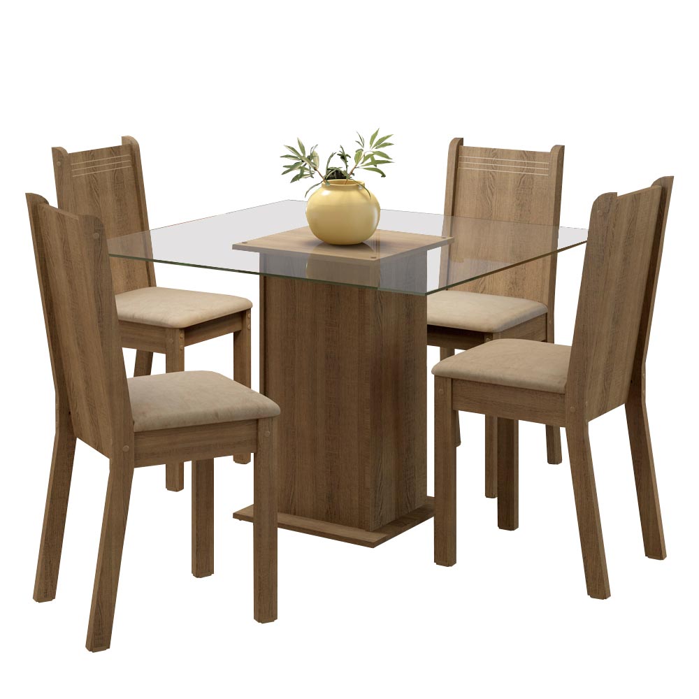 Juego de Comedor Madesa Maya con 4 Sillas y Encimera Cuadrada de Cristal MarrónBeige
