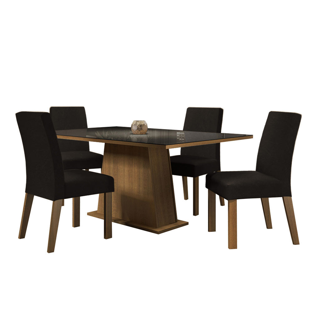 Juego de Comedor Sabrina con 4 Sillas - Tablero de Madera y Cubierta de Cristal Marrón/Negro/Oxford