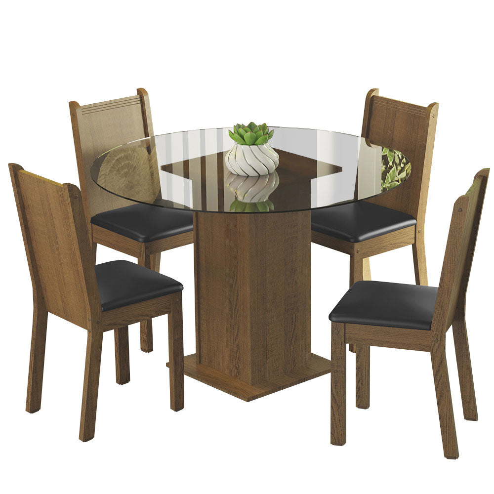 Juego de Comedor Débora con 4 Sillas - Encimera Redonda de Cristal Marrón/Negro
