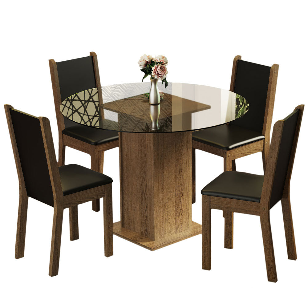 Juego de Comedor Nanda con 4 Sillas - Encimera Redonda de Cristal Marrón/Negro
