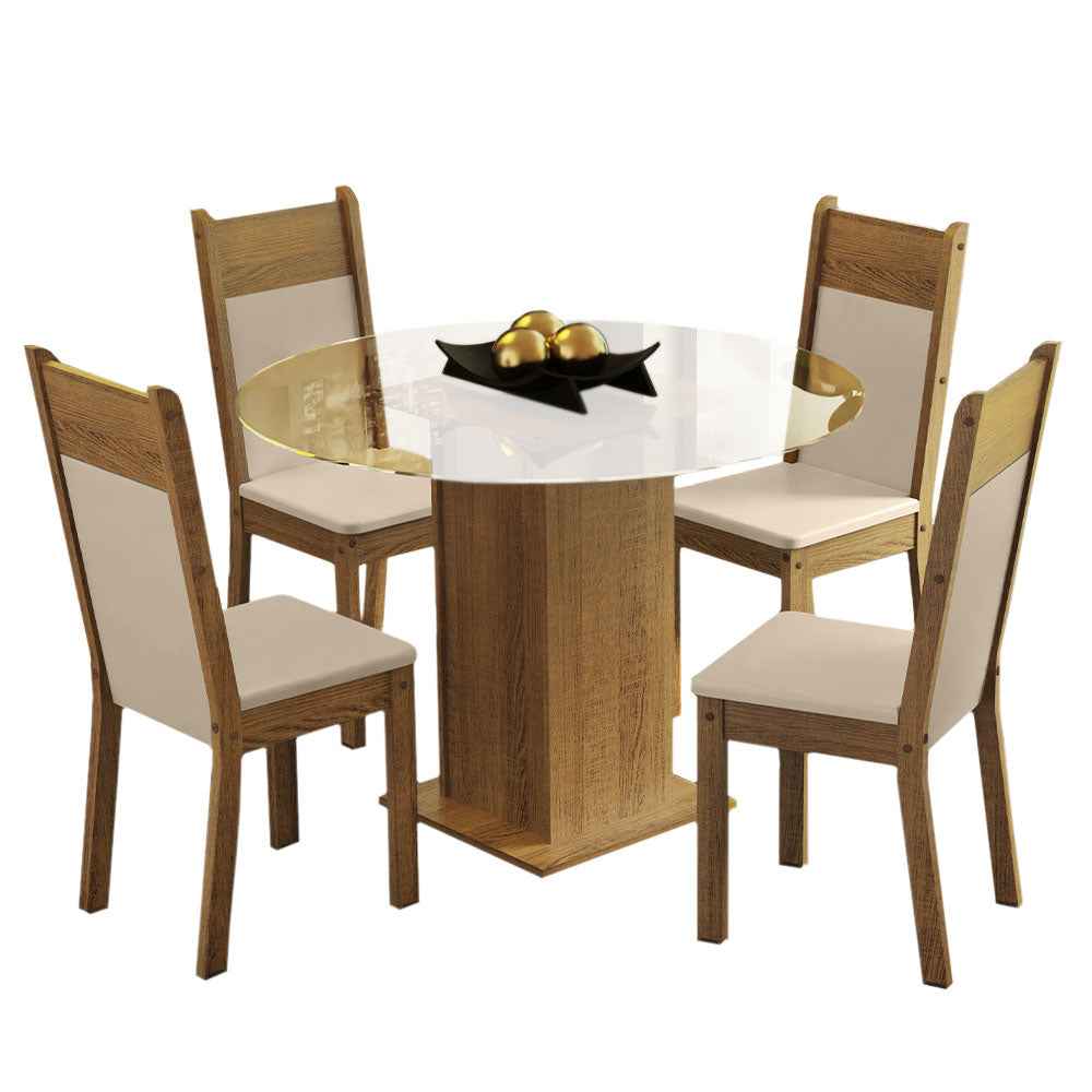 Juego de Comedor Beta con 4 Sillas - Encimera Redonda de Cristal Marrón/Beige Madesa