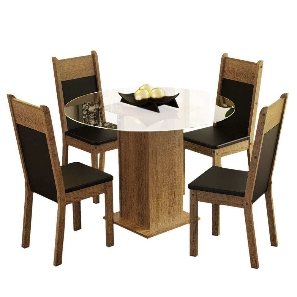 Juego de Comedor Beta con 4 Sillas - Encimera Redonda de Cristal Marrón/Negro