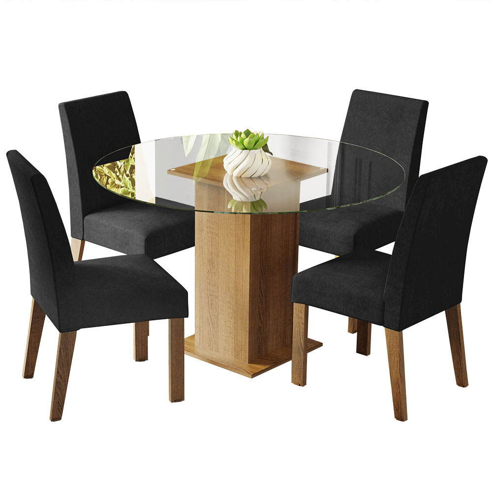 Juego de Comedor Mile con 4 Sillas - Encimera Redonda de Cristal Marrón/Oxford