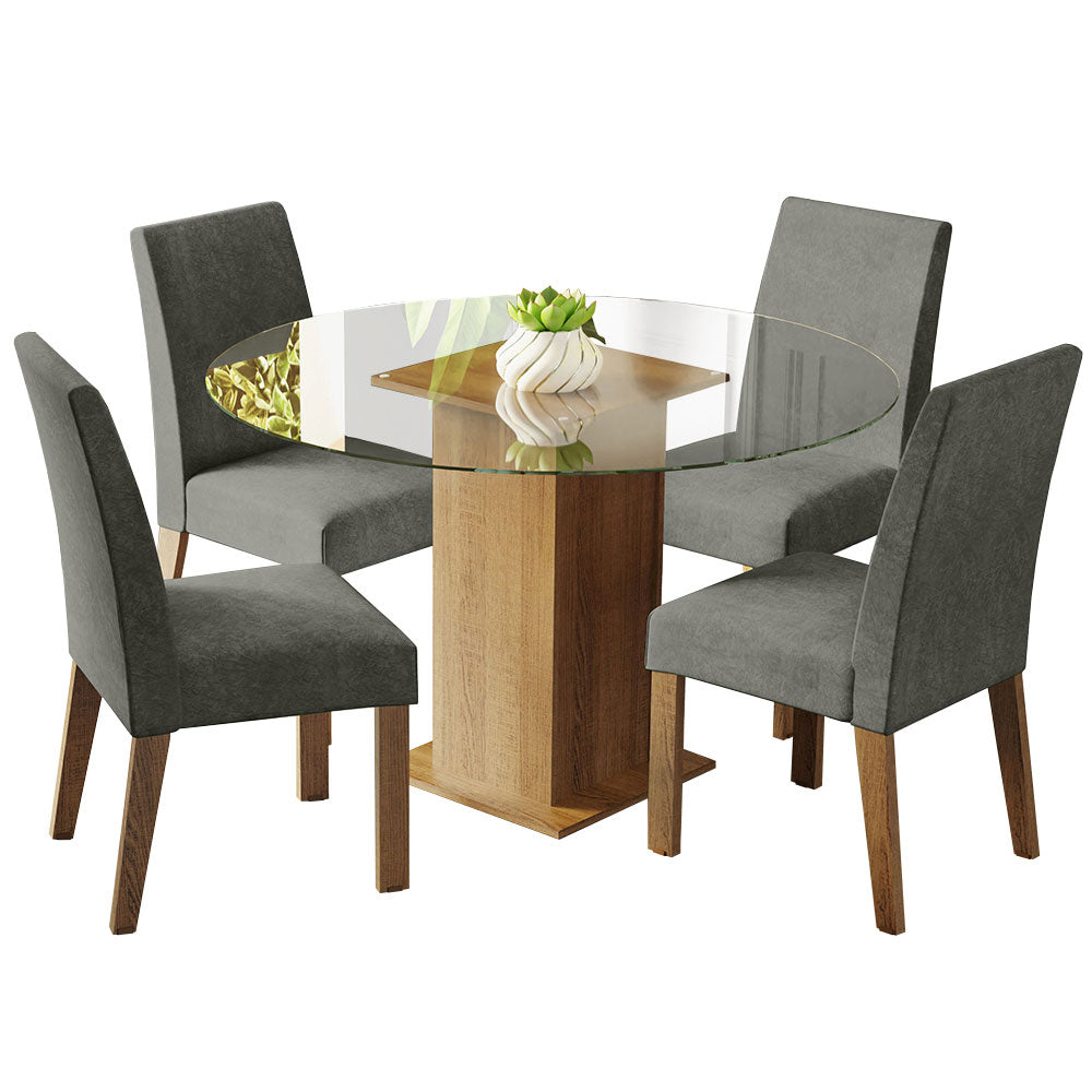 Juego de Comedor Mile con 4 Sillas - Encimera Redonda de Cristal Marrón/Plateado