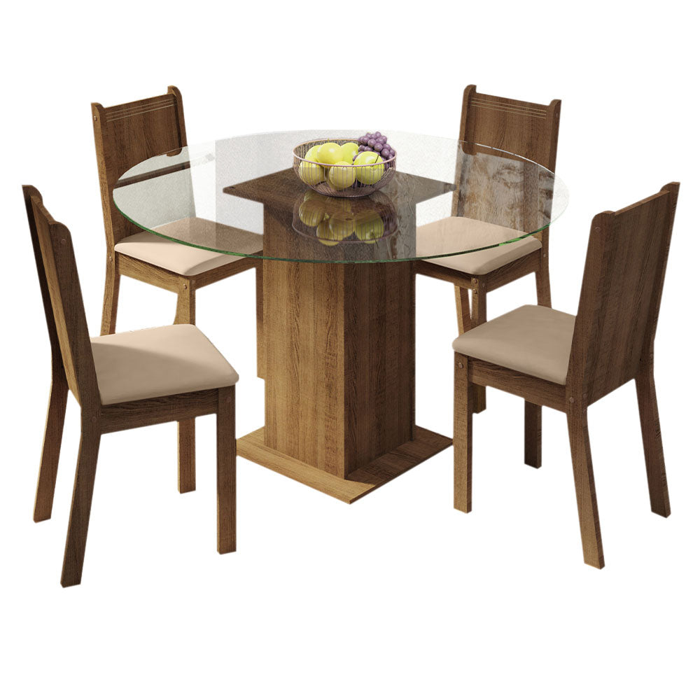 Juego de Comedor Paula con 4 Sillas - Encimera Redonda de Cristal Marrón/Beige