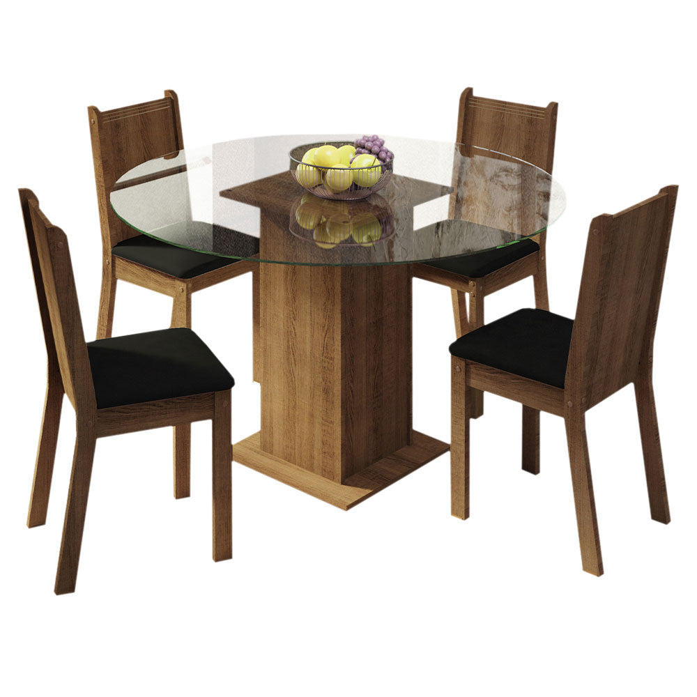 Juego de Comedor Paula con 4 Sillas - Encimera Redonda de Cristal Marrón/Negro