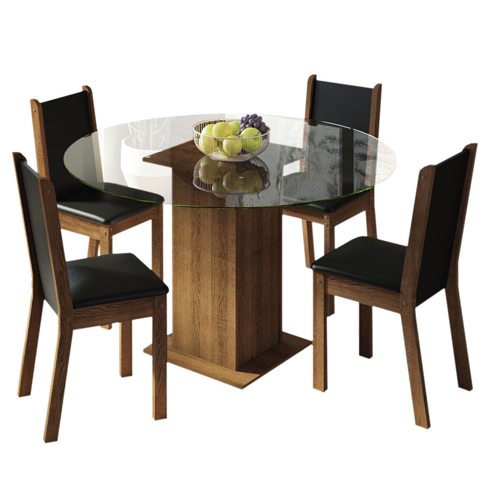 Juego de Comedor Madu con 4 Sillas - Encimera Redonda de Cristal Marrón/Negro