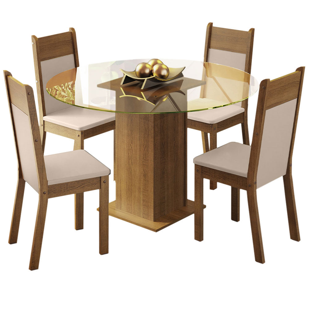 Juego de Comedor Ana con 4 Sillas - Encimera Redonda de Cristal Marrón/Beige