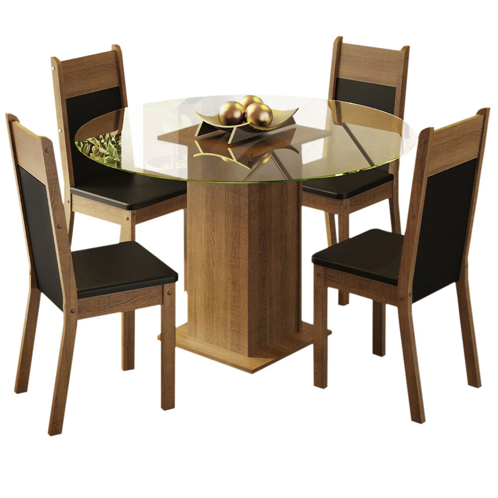 Juego de Comedor Ana con 4 Sillas - Encimera Redonda de Cristal Marrón/Negro
