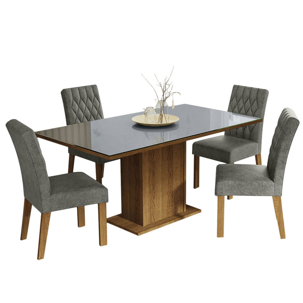 Juego de Comedor Marilia con 4 Sillas - Tablero de Madera y Cubierta de Cristal Marrón/Gris/Plateado