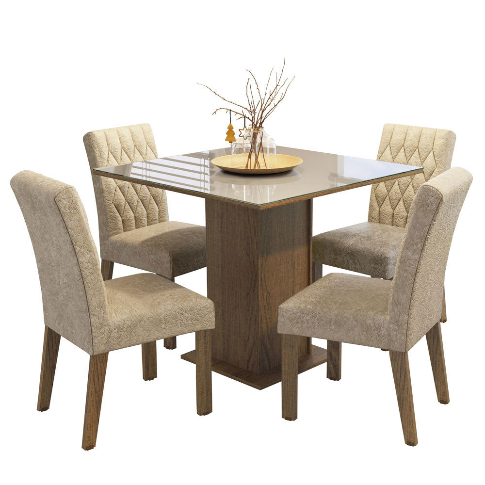 Juego de Comedor Anaju con 4 Sillas - Tablero de Madera y Cubierta de Cristal Marrón/Crema/Imperial