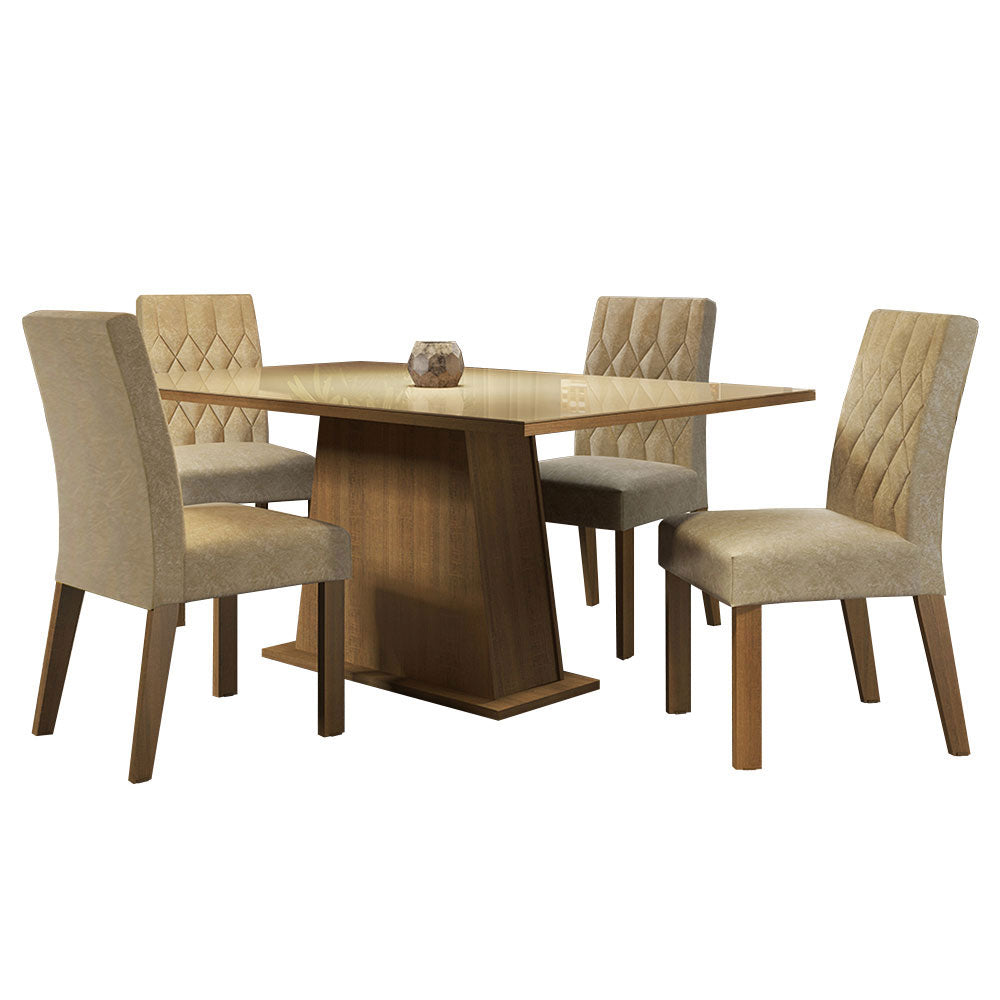Juego de Comedor Aryeli con 4 Sillas - Tablero de Madera y Cubierta de Cristal Marrón/Crema/Imperial