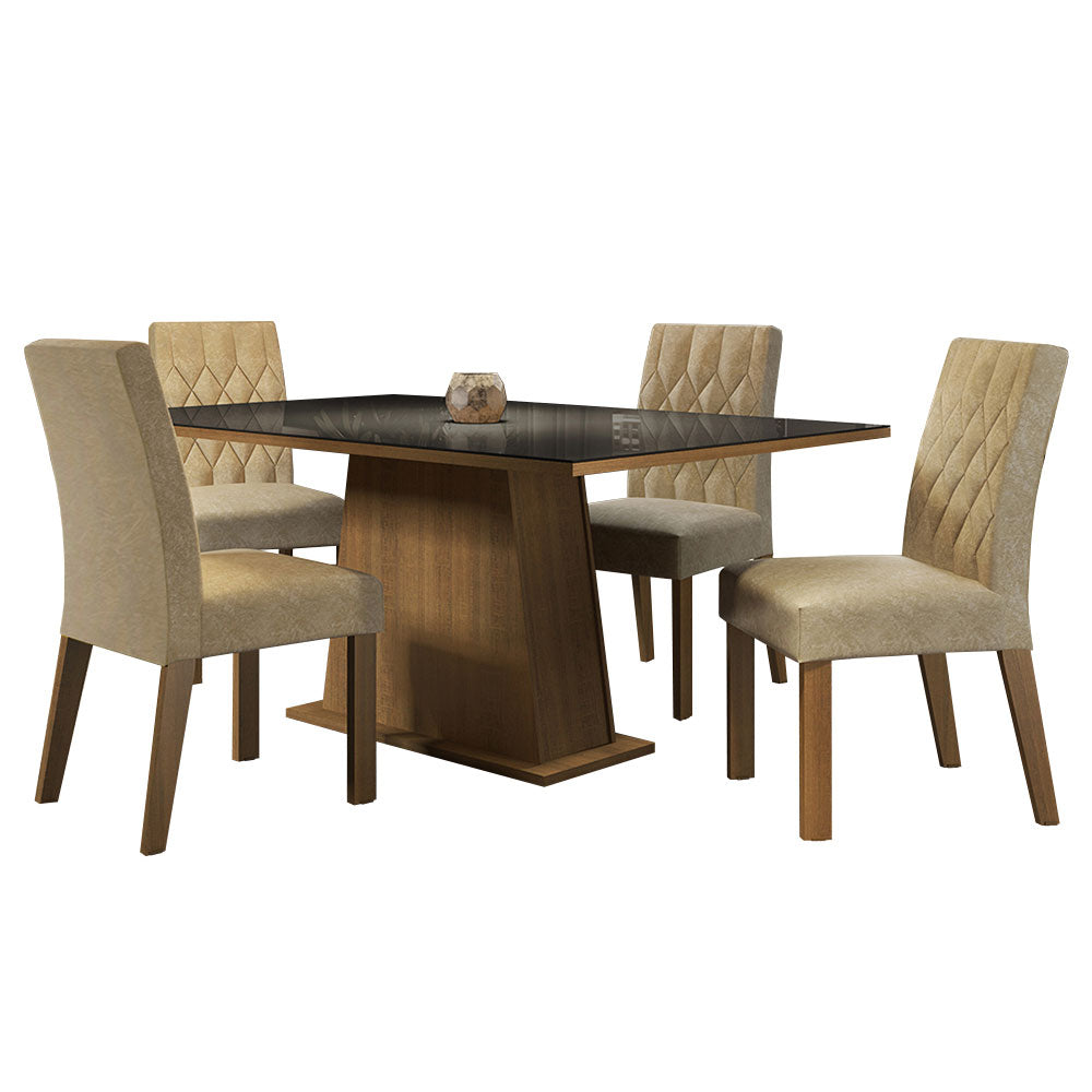 Juego de Comedor Aryeli con 4 Sillas - Tablero de Madera y Cubierta de Cristal Marrón/Negro/Imperial