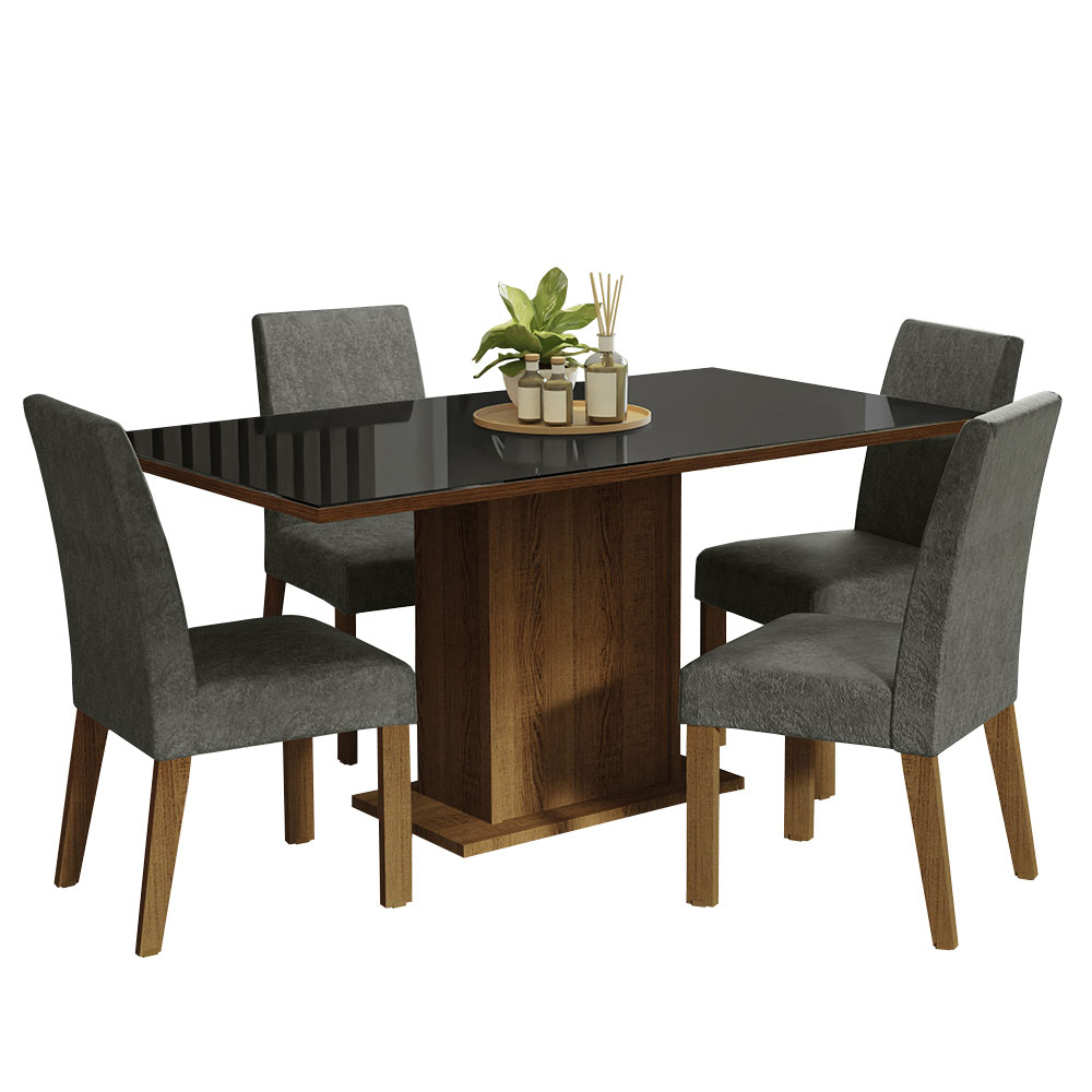 Juego de Comedor Avril con 4 Sillas - Tablero de Madera y Cubierta de Cristal Marrón/Negro/Plateado