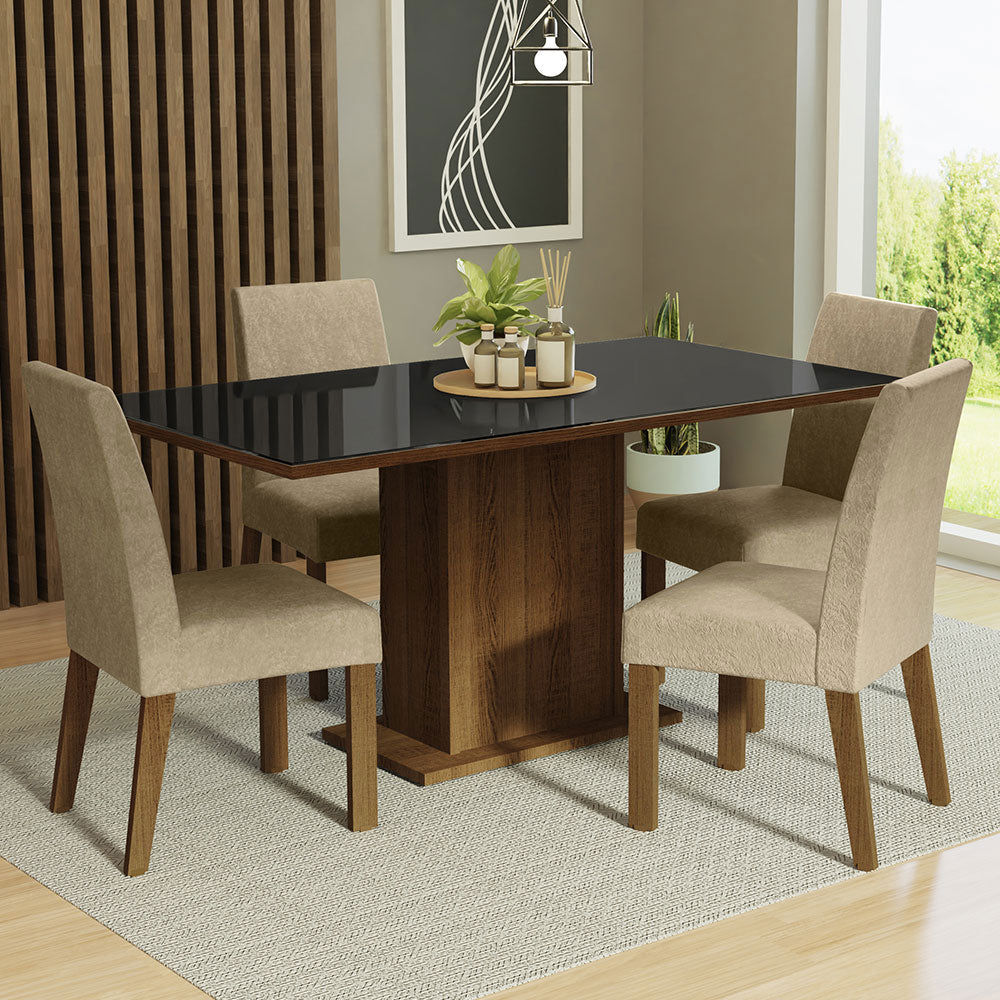 Juego de Comedor Avril con 4 Sillas - Tablero de Madera y Cristal