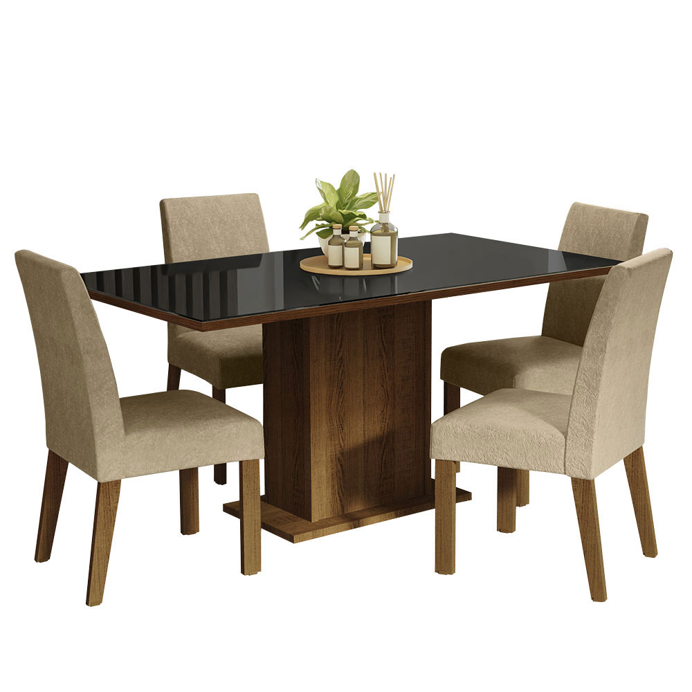 Juego de Comedor Avril con 4 Sillas - Tablero de Madera y Cubierta de Cristal Marrón/Negro/Imperial