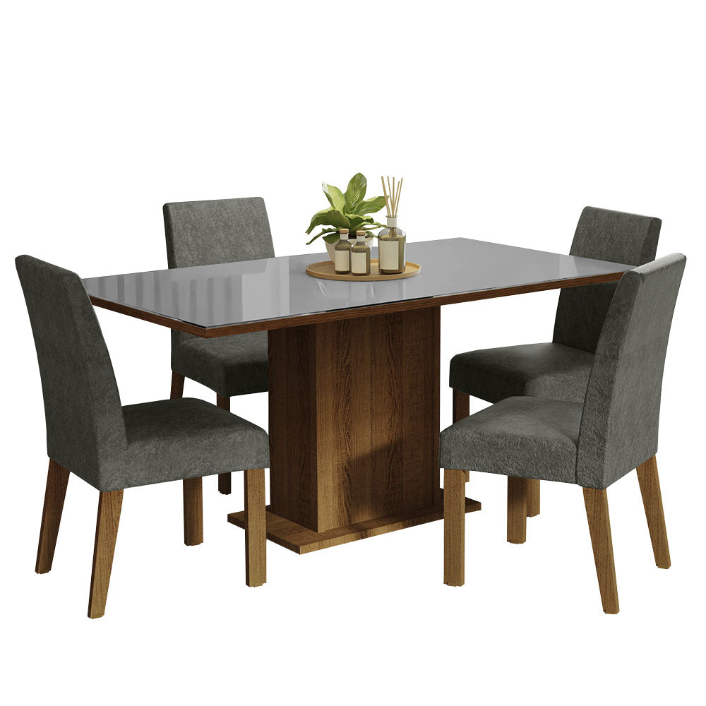 Juego de Comedor Avril con 4 Sillas - Tablero de Madera y Cubierta de Cristal Marrón/Gris/Plateado