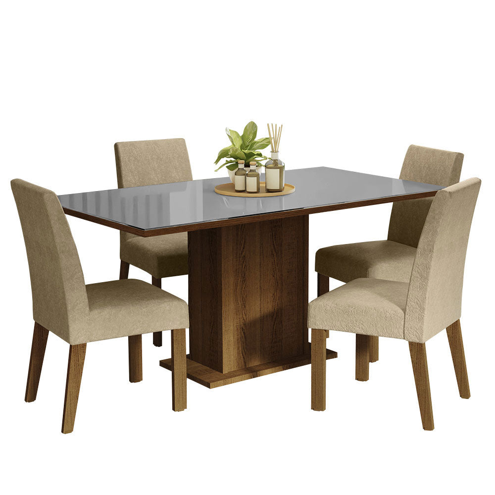 Juego de Comedor Avril con 4 Sillas - Tablero de Madera y Cubierta de Cristal Marrón/Gris/Imperial
