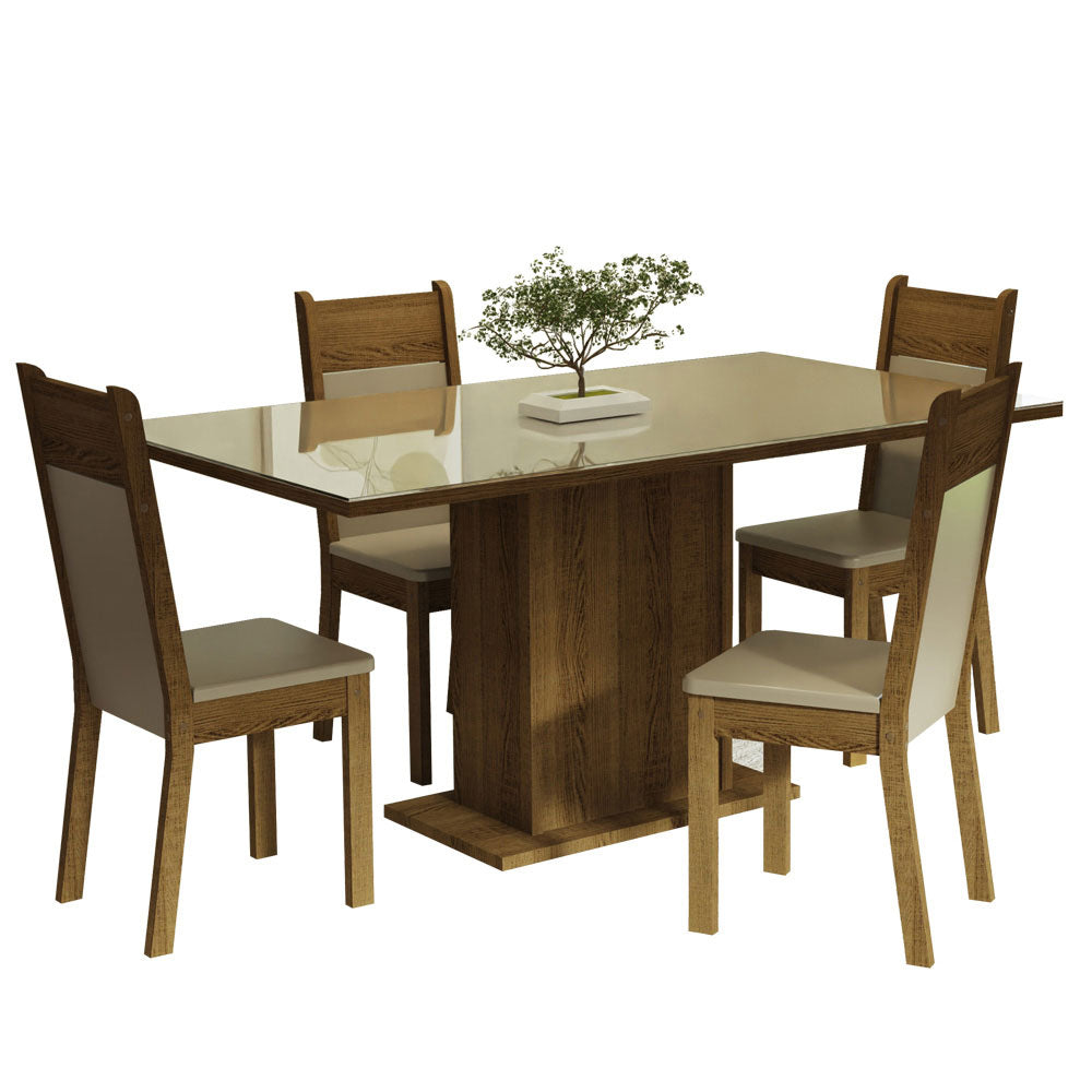 Juego de Comedor Greta con 4 Sillas - Tablero de Madera y Cubierta de Cristal Crema/Marrón/Beige