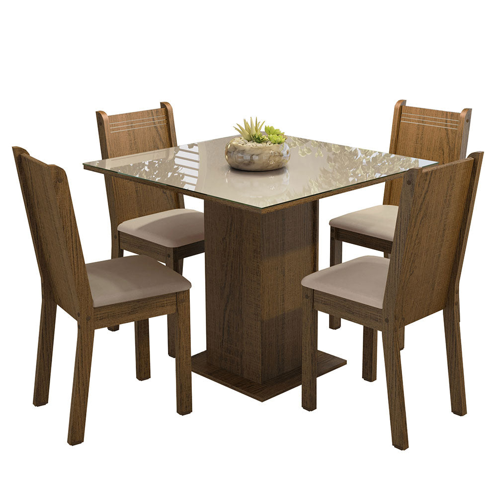 Juego de Comedor Perla con 4 Sillas - Tablero de Madera y Cubierta de Cristal Marrón/Crema/Beige