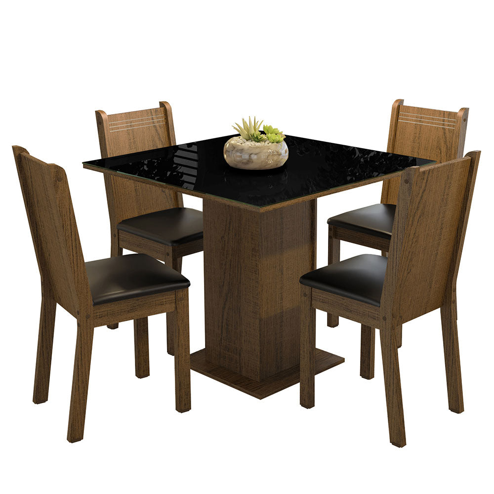 Juego de Comedor Perla con 4 Sillas - Tablero de Madera y Cubierta de Cristal Marrón/Negro