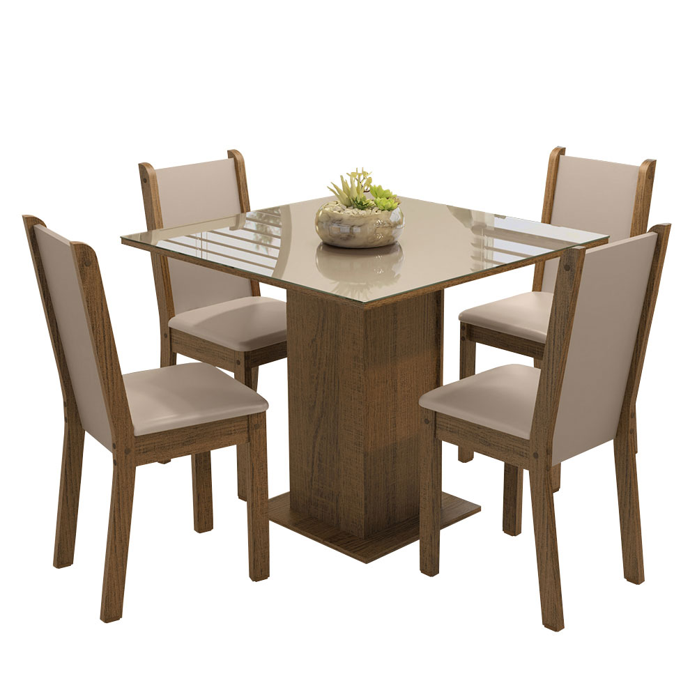 Juego de Comedor Tifani con 4 Sillas - Tablero de Madera y Cubierta de Cristal Marrón/Crema/Beige