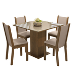 Juego de Comedor Tifani con 4 Sillas - Tablero de Madera y Cubierta de Cristal Marrón/Crema/Beige