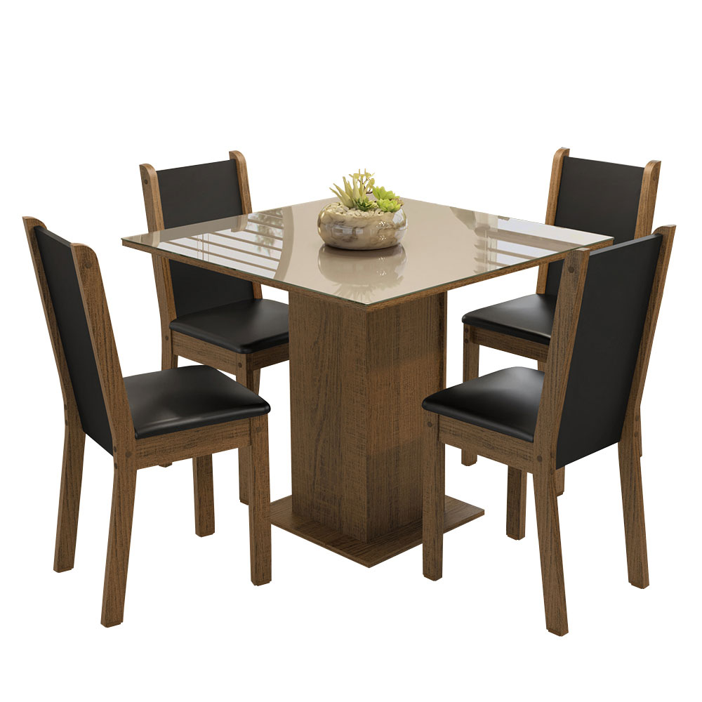 Juego de Comedor Tifani con 4 Sillas - Tablero de Madera y Cubierta de Cristal Marrón/Crema/Negro