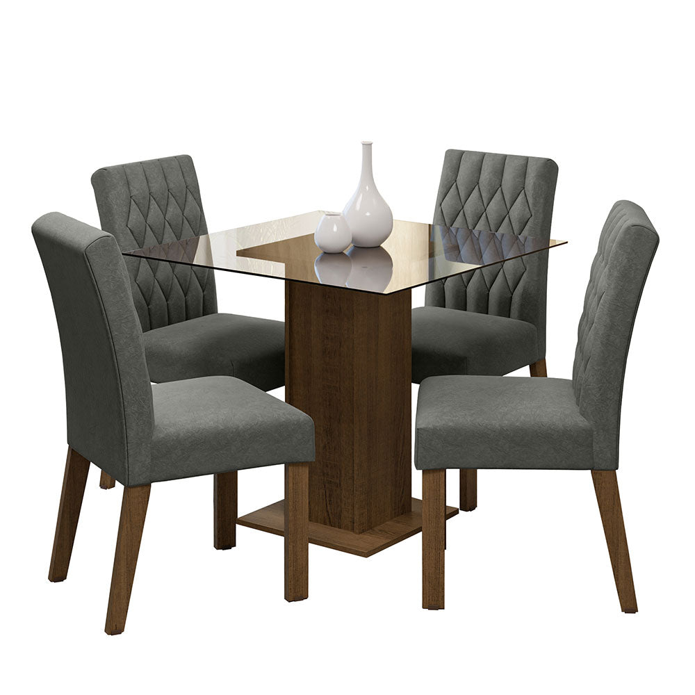 Juego de Comedor Noemi con 4 Sillas Encimera Cuadrada de Cristal Marrón/Plateado