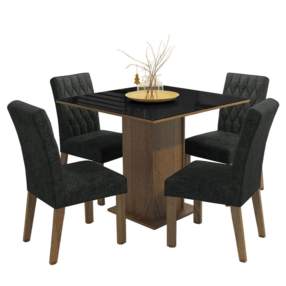 Juego de Comedor Anaju con 4 Sillas Oxford - Tablero de Madera y Cristal Marrón/Negro/Oxford