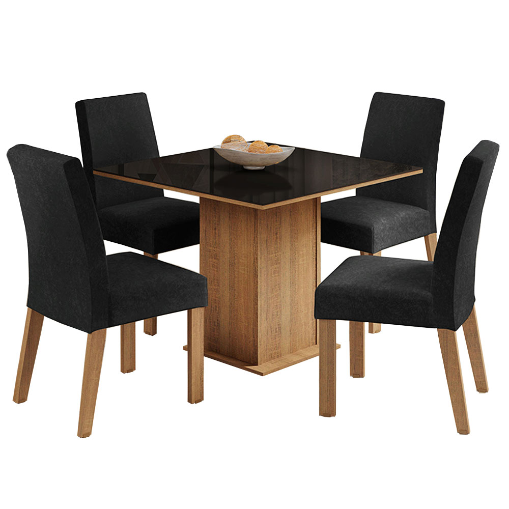 Juego de Comedor Evelin con 4 Sillas Oxford - Tablero de Madera y Cristal Marrón/Negro/Oxford