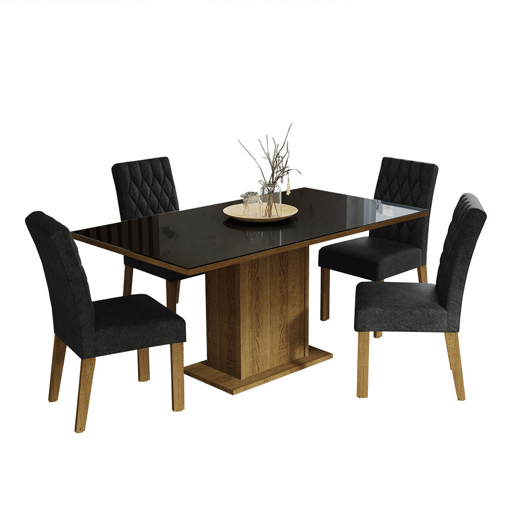 Juego de Comedor Marilia con 4 Sillas - Tablero de Madera y Cubierta de Cristal Marrón/Negro/Oxford