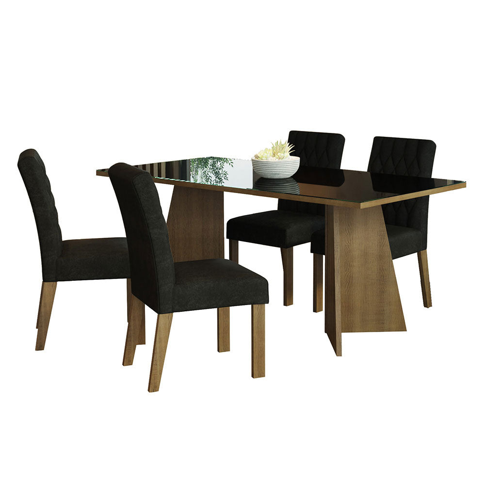 Juego de Comedor Harper con 4 Sillas - Tablero de Madera y Cristal Marrón/Negro/Oxford