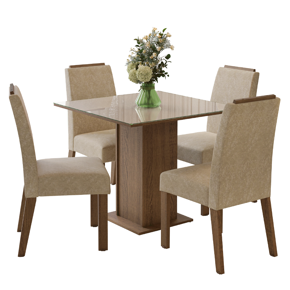 Juego de Comedor Sines con 4 Sillas - Tablero de Madera y Cristal Marrón/Crema/Imperial