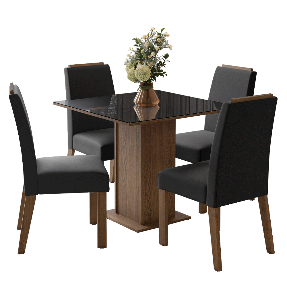 Juego de Comedor Sines con 4 Sillas - Tablero de Madera y Cristal MarrónNegroOxford