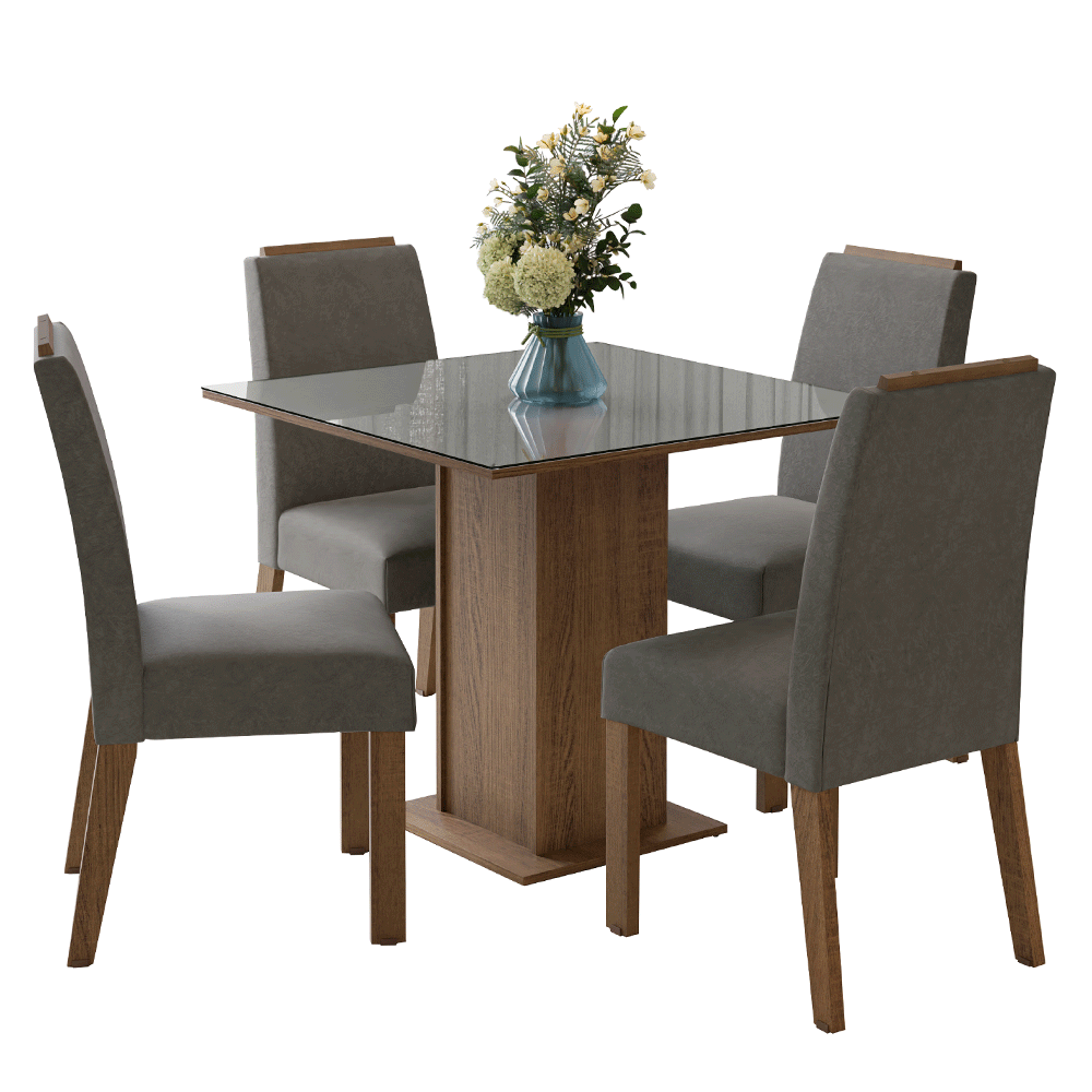 Juego de Comedor Sines con 4 Sillas - Tablero de Madera y Cristal MarrónGrisPlateado