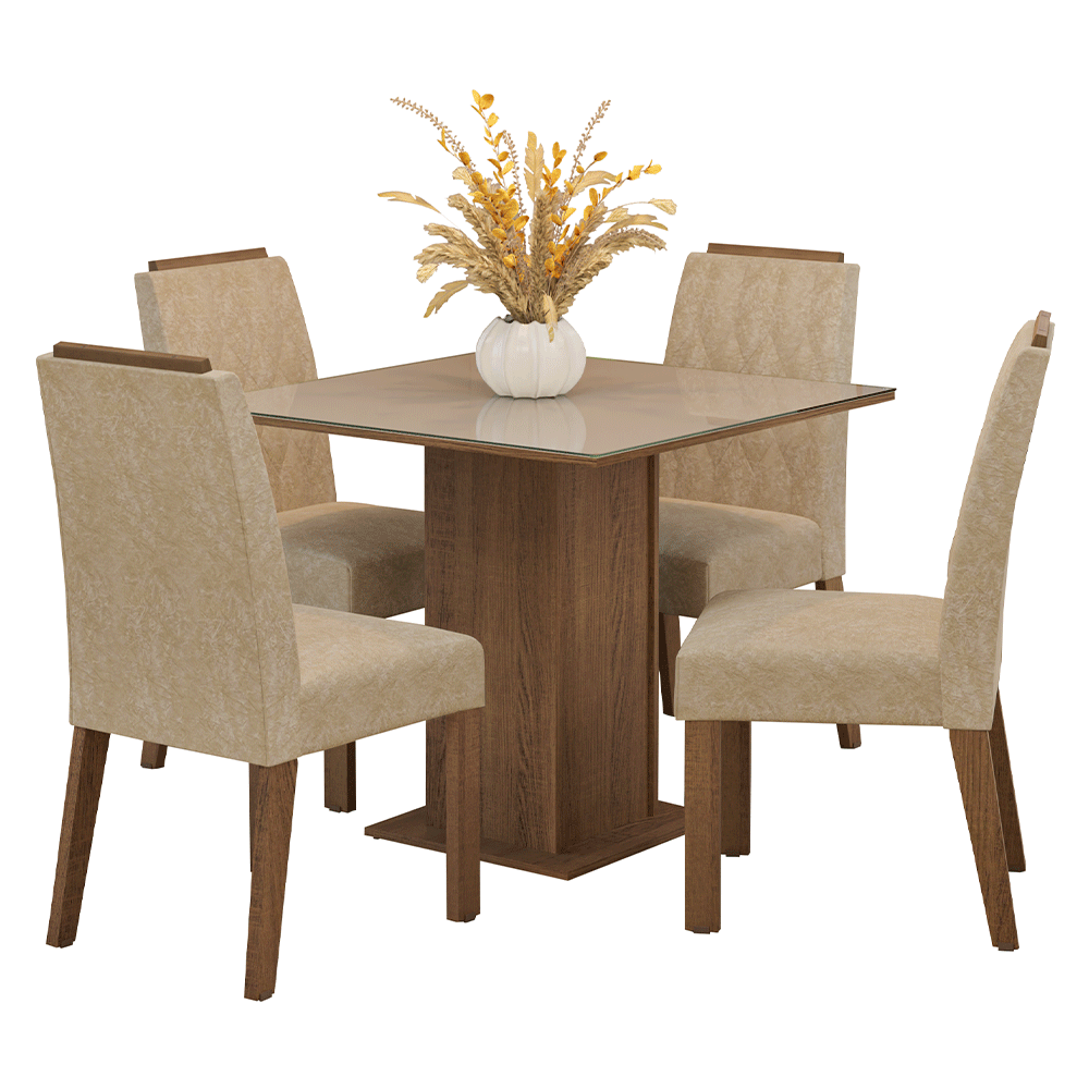 Juego de Comedor Capri con 4 Sillas - Tablero de Madera y Cristal Marrón/Crema/Imperial