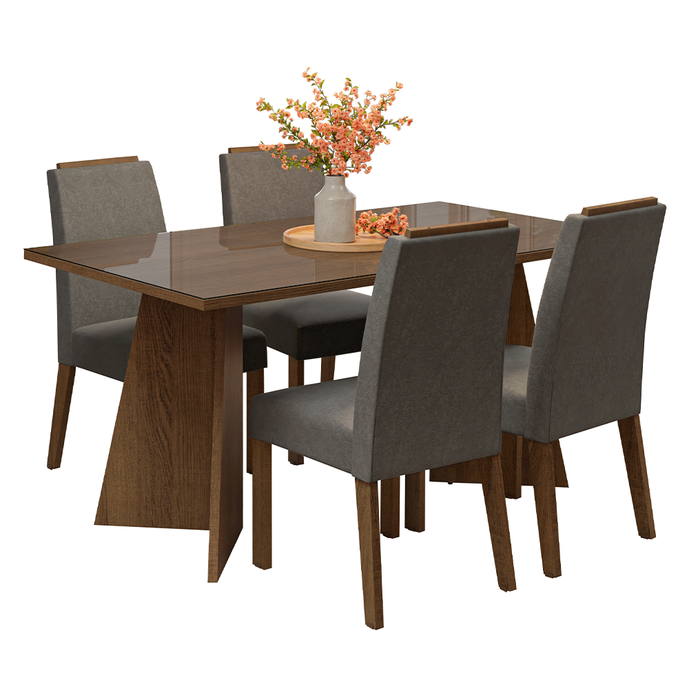 Juego de Comedor Braga con 4 Sillas - Tablero de Madera y Cristal Marrón/Plateado