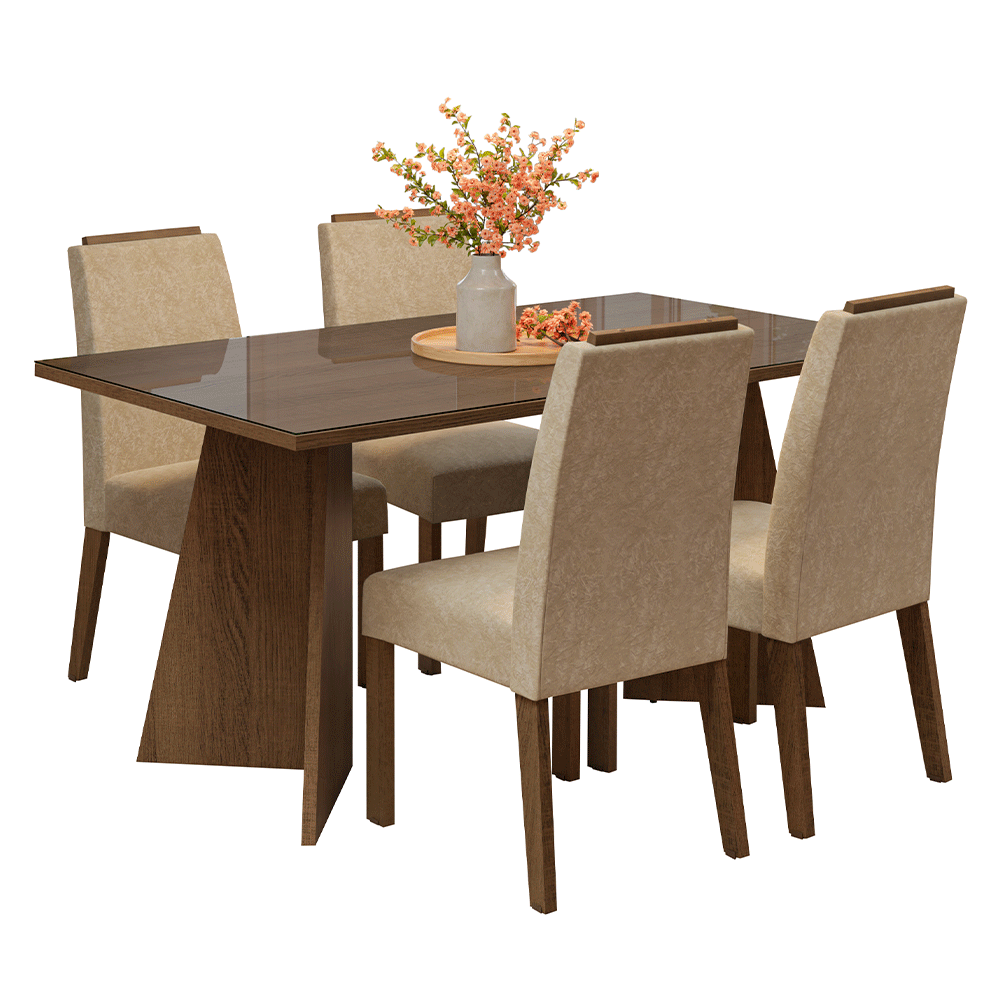 Juego de Comedor Braga con 4 Sillas - Tablero de Madera y Cristal Marrón/Imperial